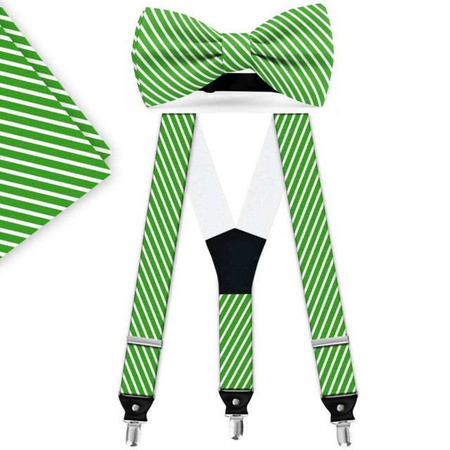 Set papion, batista, bretele, verde, dungi albe subtiri